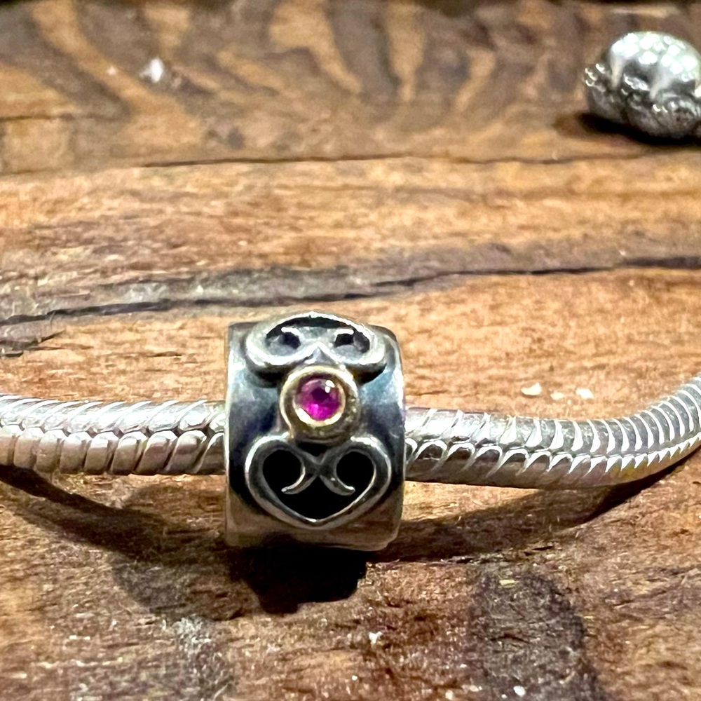 Authentic Pandora 14K Gold Silver Charm Double Heart Pink Sapphire Clip Real Gem